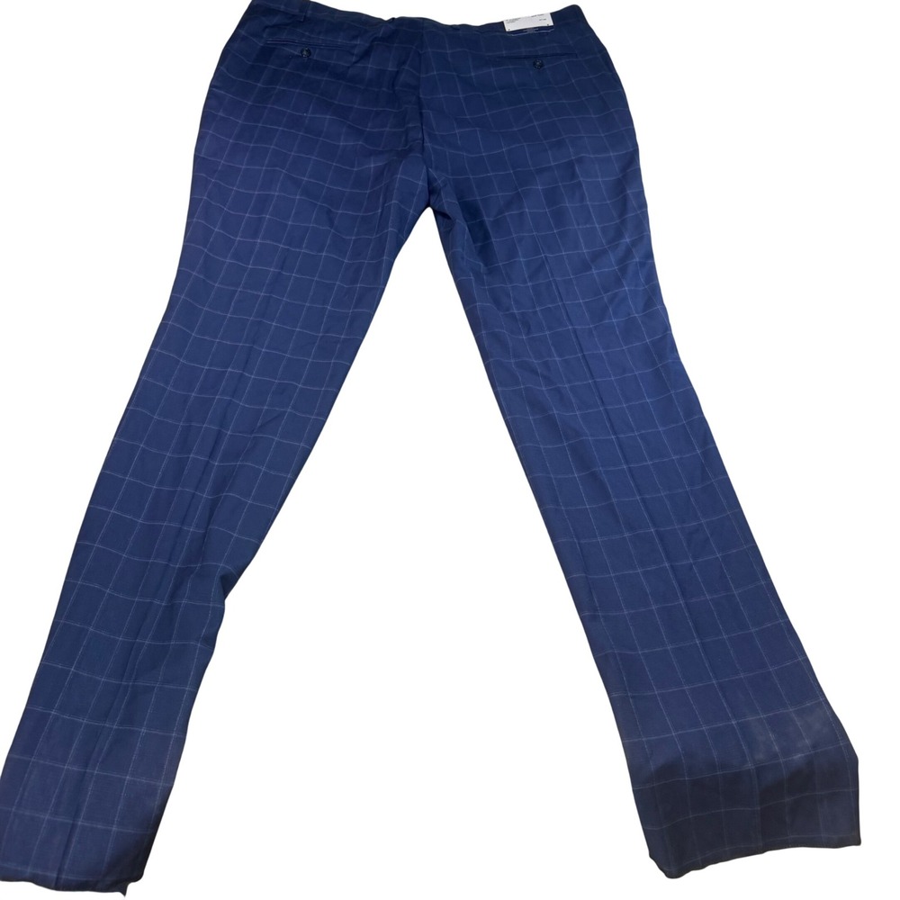 Hart Schaffner Marx Mens Blue Windowpane 100% Wool Unhemmed Dress Pants 44x37